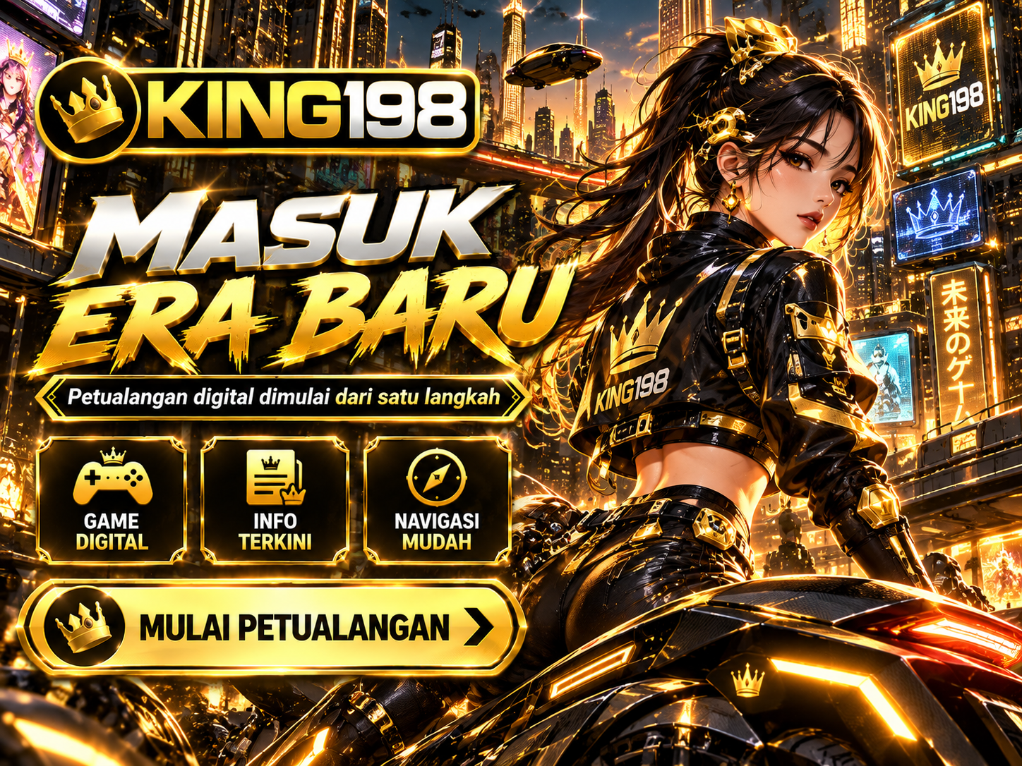 Banner KING198 anime cyberpunk berlatar kota neon hitam dan emas dengan karakter futuristik.